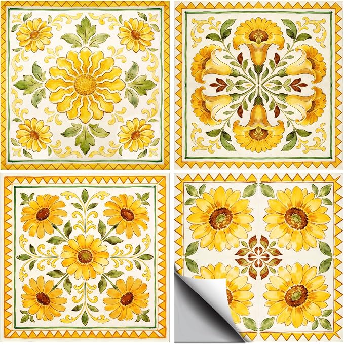 36pcs 4 Styles Yellow Floral Patterns Wall Tile Stickers, 4x4inch | Vintage Flowers Designs Waterproof PVC Tile Decals for Kitchen Bathroom