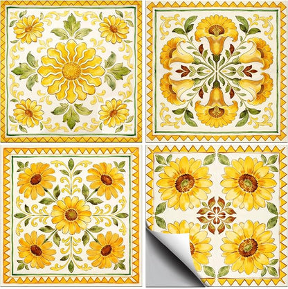 36pcs 4 Styles Yellow Floral Patterns Wall Tile Stickers, 4x4inch | Vintage Flowers Designs Waterproof PVC Tile Decals for Kitchen Bathroom