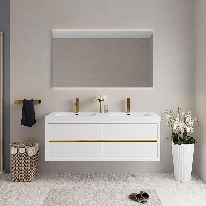 Abruzzo 60" Glossy White Wall-Mounted Bathroom Vanity with Double Sink – Stone Resin Countertop & Soft-Close Drawers, Waterproof Wood Cabinet for Small Bathrooms