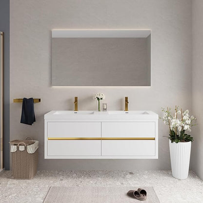 Abruzzo 60" Glossy White Wall-Mounted Bathroom Vanity with Double Sink – Stone Resin Countertop & Soft-Close Drawers, Waterproof Wood Cabinet for Small Bathrooms
