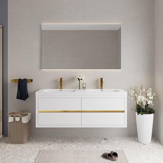 Abruzzo 60" Glossy White Wall-Mounted Bathroom Vanity with Double Sink – Stone Resin Countertop & Soft-Close Drawers, Waterproof Wood Cabinet for Small Bathrooms