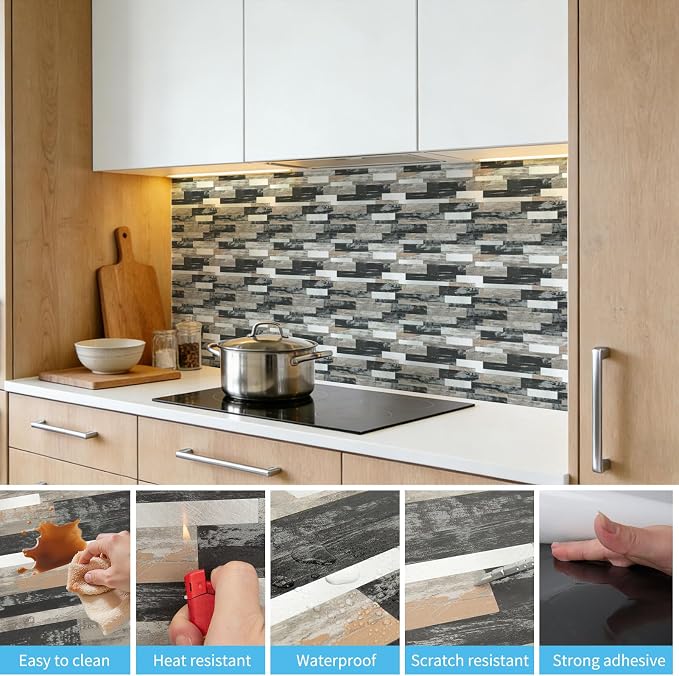 Art3d Faux Stone Peel & Stick Backsplash Tile, 10 pcs, Distressed Wood | PVC, Multi-Style Decor Sheets, Waterproof, Traceless Peel, No Wall Damage, Ideal for Kitchen