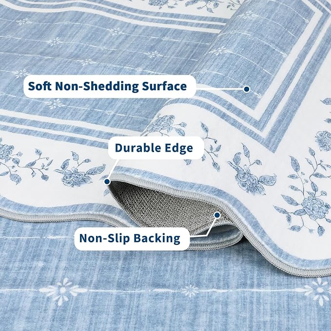 Garvee Washable Rugs for Living Room 8x10 Area Rugs Scalloped Rug Blue | Modern Bordered Non Slip Large Kids Bedroom Carpet Indoor Stain Resistant Floor Cover for Bedroom Dining Room Office Nursery