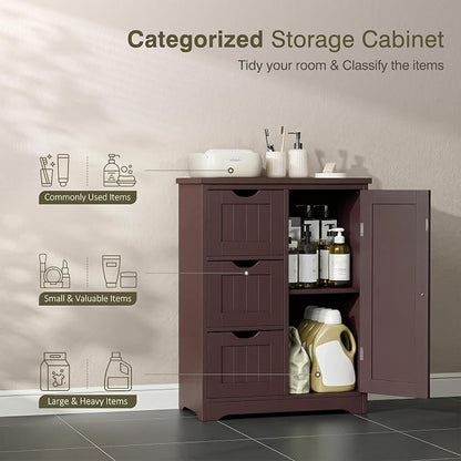 SUPER DEAL Bathroom Storage Cabinet with 3 Drawers and 1 Door, Entryway Home Decor Furniture Towels Storage Organizer Unit, Brown, 23.6" L x 11.8" W x 31.4" H