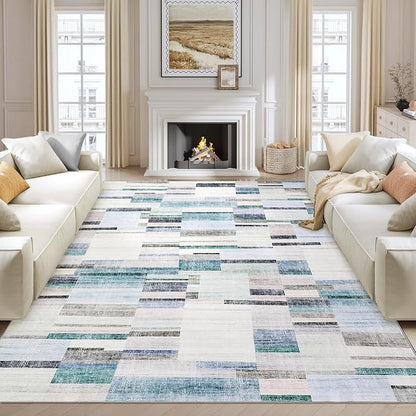 Modern Area Rugs 5x7 Rug for Living Room Washable Geometric Throw Rugs with Non-Slip Backing, Non-Shedding Contemporary Accent Carpet, Low Pile Floor Cover for Bedroom, Office, Blue