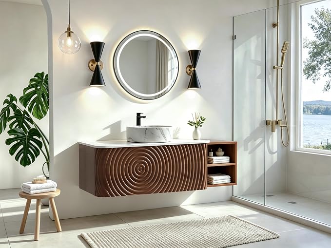48" Floating Bathroom Vanity with Sink, Mid-Century Wall Mounted Bathroom Vanity Cabinet with Wood Waved Decor,Marble Ceramic Basin and Sintered Stone Top, Soft Close Drawer, Side Open Cube