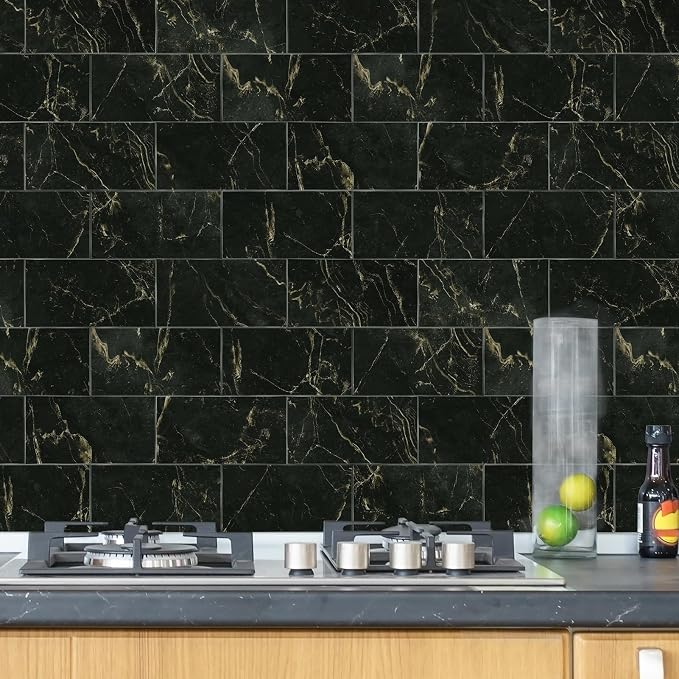 URCOLOR 32-Piece Peel and Stick Backsplash Wall Tile, 4"x 8" PVC Glossy Black Gold Marble Stick on Subway Tiles for Kitchen, Bathroom, Laundry Room, Camper, Fireplace