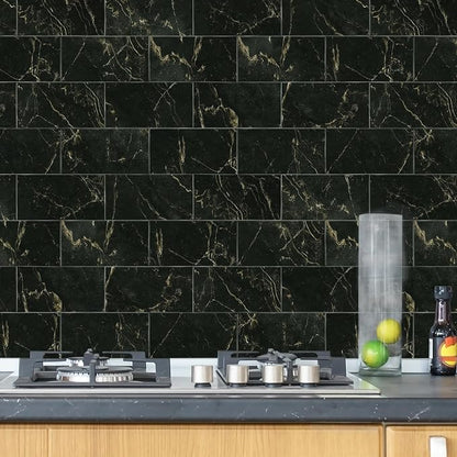 URCOLOR 32-Piece Peel and Stick Backsplash Wall Tile, 4"x 8" PVC Glossy Black Gold Marble Stick on Subway Tiles for Kitchen, Bathroom, Laundry Room, Camper, Fireplace