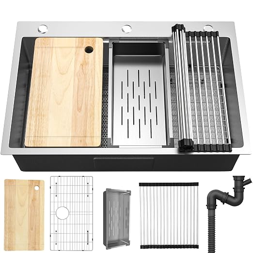 YITAHOME 33x22inch Drop In Kitchen Sink Workstation, 304 Stainless Steel Single Bowl Top Mount Sink w/Ledge & Accessories, Honeycomb Surface Design Scratches Resistant