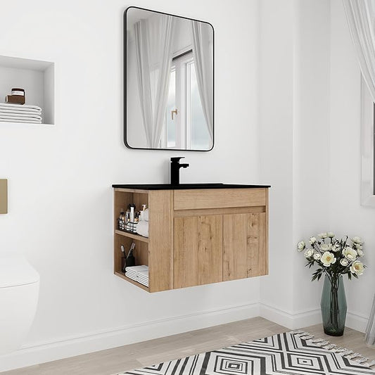 30 Inch Bathroom Vanity with White Sink Combo, Wall-Mounted Bathroom Vanity 2 Door&Adjustable Shelf,Modern Floating Bathroom Cabinet with Black Top Basin & Storage Cabinet,Brown