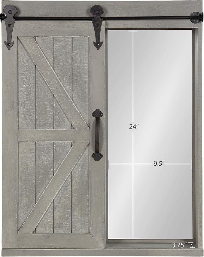 Kate and Laurel Cates Decorative Wood Wall Storage Cabinet with Rectangle Mirror and Sliding Barn Door, 22 x 28, Rustic Gray, Farmhouse Decor for Wall Storage