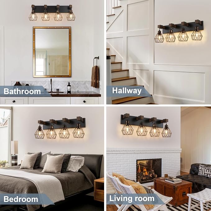 VbiTmn Black Gold Bathroom Light Fixtures, 4-Light Farmhouse Vanity Light | Wood Vanity Lights, Rustic Wall Mount Over Mirror for Bedroom & Hallway, Easy to Install, Sturdy Build for Bathroom Use