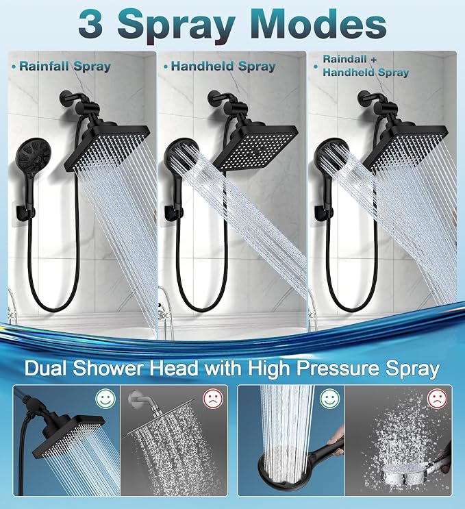 High Pressure Black Dual Filtered Rain Shower Head Combo for Hard Water | 10 Modes Handheld Shower Head Built in Water Filtration, 6 inch Rainfall Shower Head with Filter to Soft Water