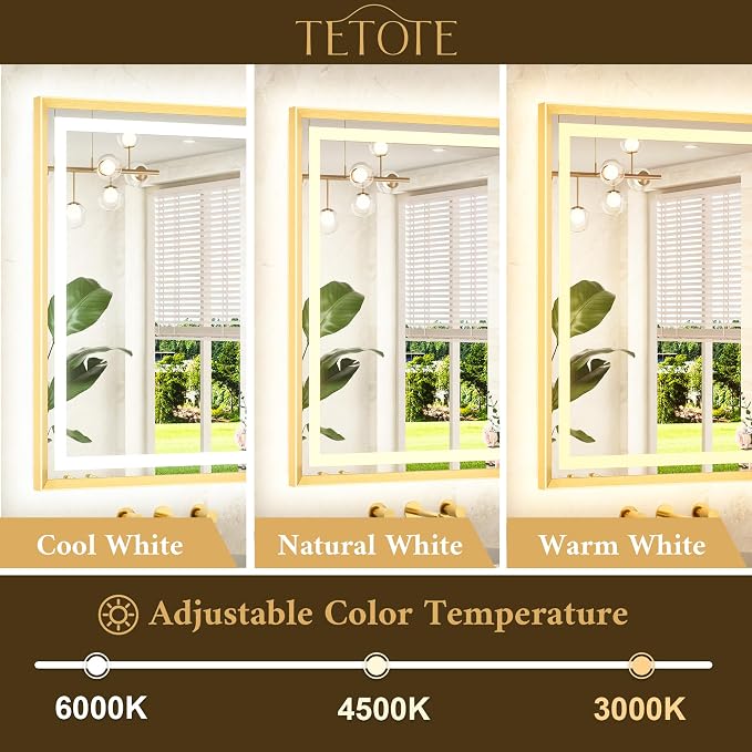 48 x 32 Bathroom LED Mirror Brushed Gold Metal Frame Frontlit & Backlit Vanity Mirror Stepless Dimmable Anti-Fog 3 Colors White/Warm/Natural Light up Vanity Wall-Mounted