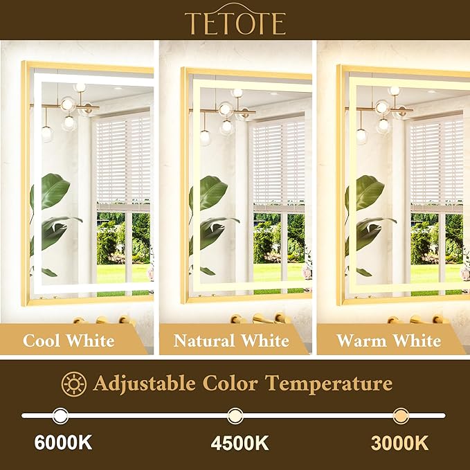72 x 40 Bathroom LED Mirror Brushed Gold Metal Frame Frontlit & Backlit Vanity Mirror Anti-Fog Stepless Dimmable 3 Colors White/Warm/Natural Wall-Mounted