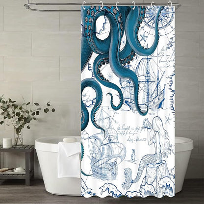 Fungarth Stall Blue Nautical Octopus Shower Curtain Navy Mermaid Funny Ocean Kraken Shower Curtains for Bathroom Cool Anchor Coastal Map Waterproof Fabric Bath Curtain Decor (Blue, 36” x 72”)