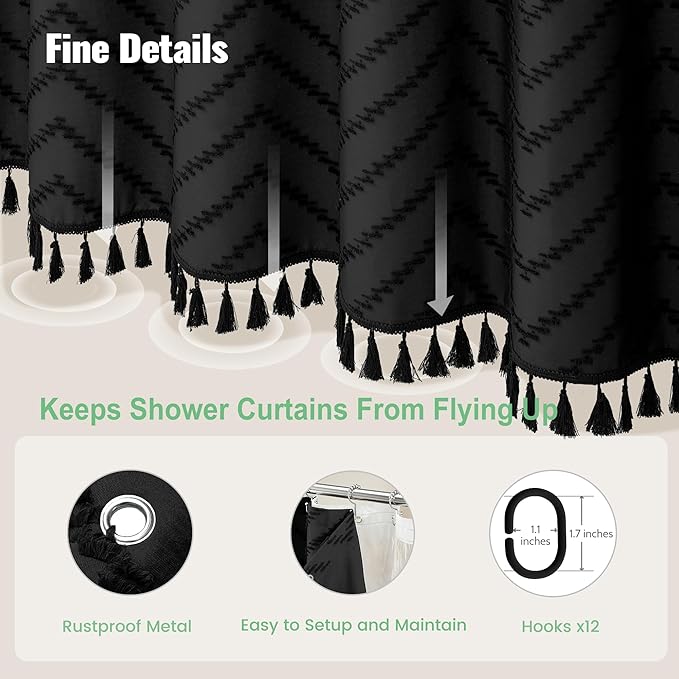 Dynamene Short Shower Curtain and Liner Set - 72 x 66 inch Boho Shower Curtain and Waterproof Clear Liner, Tufted Chevron Striped Textured Tassel Shower Curtains for Bathroom, 12 Hooks, 72x66, Black