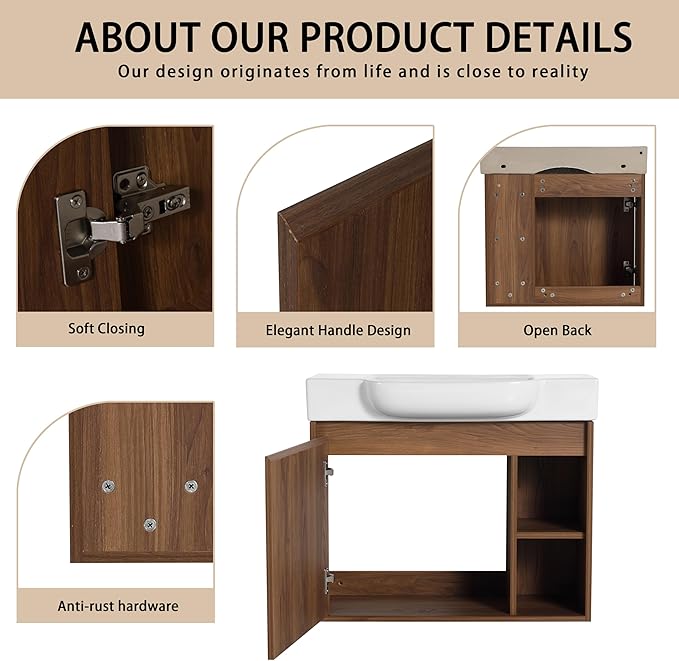 28" Floating Bathroom Vanity with Sink Combo,28 Inch Floating Vanity,Modern Single Sink Bathroom Vanity Combo,Brown Wall Mounted Cabinet Set