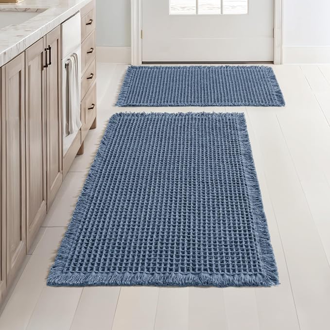 MIULEE Set of 2 Waffle Bathroom Rugs Boho Bath Mat Blue 17"x24"+18"x30" | Non Slip, Super Absorbent, Washable, Ultra Soft, Rubber Backed, Small Bath Rugs for Bathroom Floor Tub Shower
