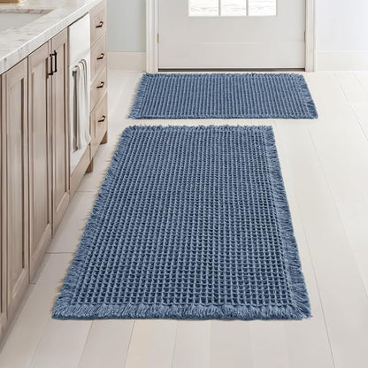 MIULEE Set of 2 Waffle Bathroom Rugs Boho Bath Mat Blue 17"x24"+18"x30" | Non Slip, Super Absorbent, Washable, Ultra Soft, Rubber Backed, Small Bath Rugs for Bathroom Floor Tub Shower