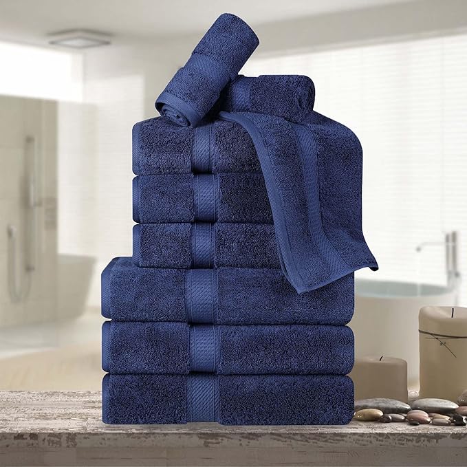 Superior Egyptian Cotton 800 GSM Plush & Absorbent, 9 Piece Set, Navy Blue | Quick Dry, Soft Luxury Towel Set, Bath Essentials, Guest Bath, Spa, 3 Bath, 3 Hand, 3 Face Towel, Madeline Towels