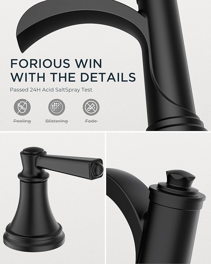 FORIOUS Black Bathroom Faucet 3 Hole, 2 Handle Brass 8 Inch Widespread Matte Black Bathroom Sink Faucet Waterfall with Pop-up Drain and CUPC Flexible Hoses, Vanity Tap 3 Holes