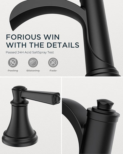 FORIOUS Black Bathroom Faucet 3 Hole, 2 Handle Brass 8 Inch Widespread Matte Black Bathroom Sink Faucet Waterfall with Pop-up Drain and CUPC Flexible Hoses, Vanity Tap 3 Holes