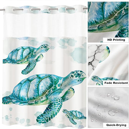 Beach Nautical Sea Turtle Theme No Hook Waffle Weave Shower Curtain with Snap in Liner Nautical Beach Bathroom Blue Ocean Decor Set 36 W x 74 H Inch Teal