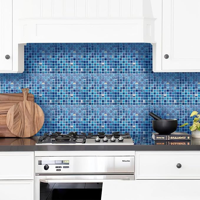 LSDECO 5 Sheets Glass Mosaic Tiles Backsplash, Pool Tiles, 12" x 12" Kitchen Backsplash Tile, Glass Tiles for Bathroom Border Shower Wall (5 Sq.Ft Blue Blend)