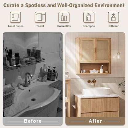 Rattan Bathroom Wall Cabinet with Open Compartments, Wall-Mounted Medicine Cabinet with Adjustable Wood Shelf & Doors, Over The Toilet Storage Cabinet for Laundry Room & Kitchen & Living Room
