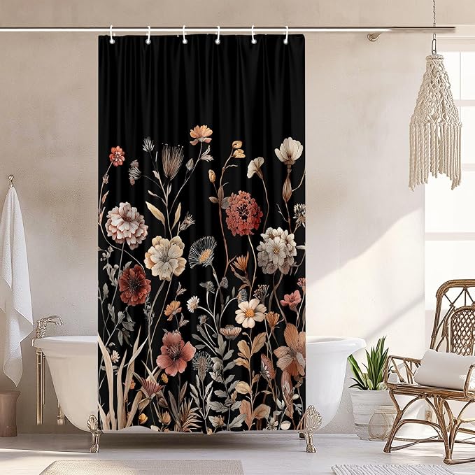 Vintage Boho Black Floral Shower Curtain, Beige Brown Cream Tan Rustic Farmhouse Flower Shower Curtain Set, Cute Botanical Wlidflowers Fabric Shower Curtains Decoration, 36X72 Bathroom Accessories