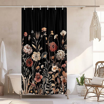 Vintage Boho Black Floral Shower Curtain, Beige Brown Cream Tan Rustic Farmhouse Flower Shower Curtain Set, Cute Botanical Wlidflowers Fabric Shower Curtains Decoration, 36X72 Bathroom Accessories