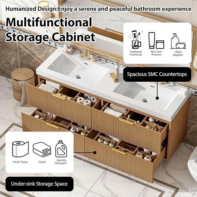 60 in Floating Bathroom Vanity with Double Sink Bathroom Vanity with Soft-Closing,Modern Fluted Bathroom Sink Cabinet,Wall-Mounted (Wood w/4 Drawers,59.3 Inch)