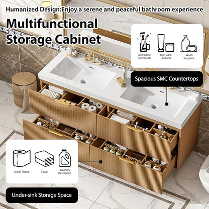 60 in Floating Bathroom Vanity with Double Sink Bathroom Vanity with Soft-Closing,Modern Fluted Bathroom Sink Cabinet,Wall-Mounted (Wood w/4 Drawers,59.3 Inch)