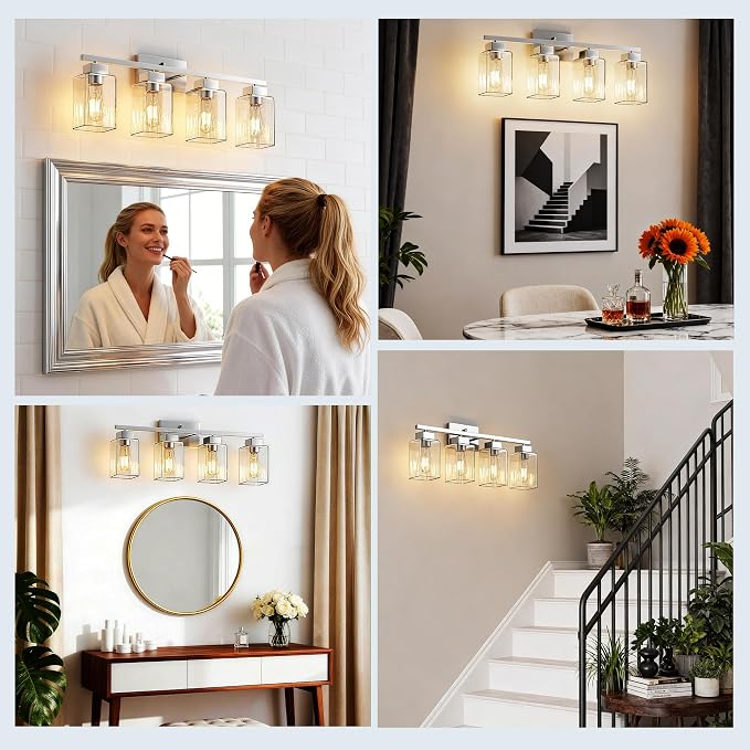 PARTPHONER 4-Light Bathroom Light Fixtures, Brushed Nickel Modern Vanity Lights, Bathroom Lighting Fixtures Over Mirror, Square Design Farmhouse Wall Sconces with Clear Glass Shades