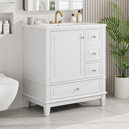 30" Bathroom Vanities Cabinet with Ceramic Sink Set Combo, Multi-Functional Storage Organizer Door Shelf, Three Drawers, Soft-Closing Door, White