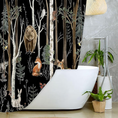 JAWO Rustic Forest Shower Curtains, Lodge Cabin Woodsy RV Shower Curtain, Wildlife Animals Woodland Campers Camping Bathroom Set with Hooks, 72X75 Inch, Black