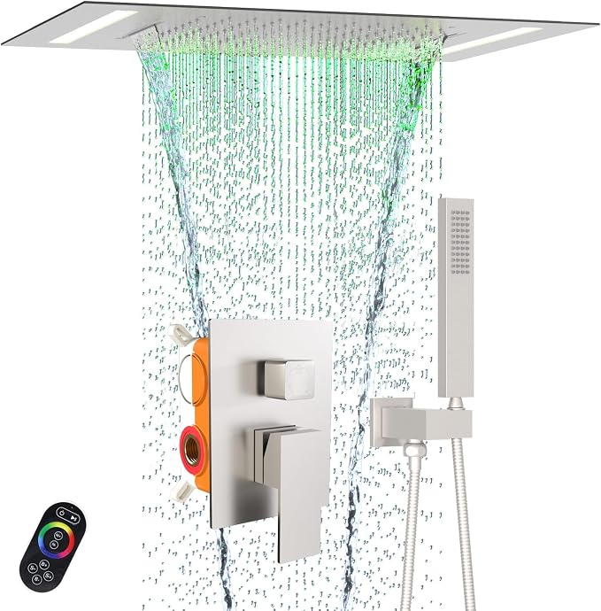 LED Spa Shower System Rainfall Waterfall with Handheld, Brushed Nickel | 20x14-Inch Luxury 2 Modes Showerhead with Ligh t Remote Control, 3 Way Mixer Valve