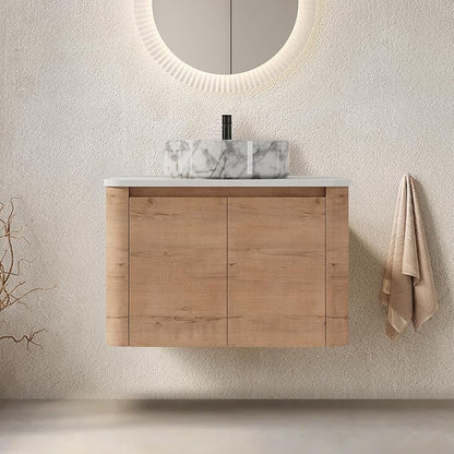 LKTART 30 Inch Floating Bathroom Vanity with Sink, Modern Wall Mounted Bathroom with Soft Close Door, Stone Round Ceramic Basin and Sintered Stone Top