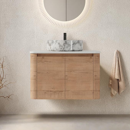 LKTART 30 Inch Floating Bathroom Vanity with Sink, Modern Wall Mounted Bathroom with Soft Close Door, Stone Round Ceramic Basin and Sintered Stone Top