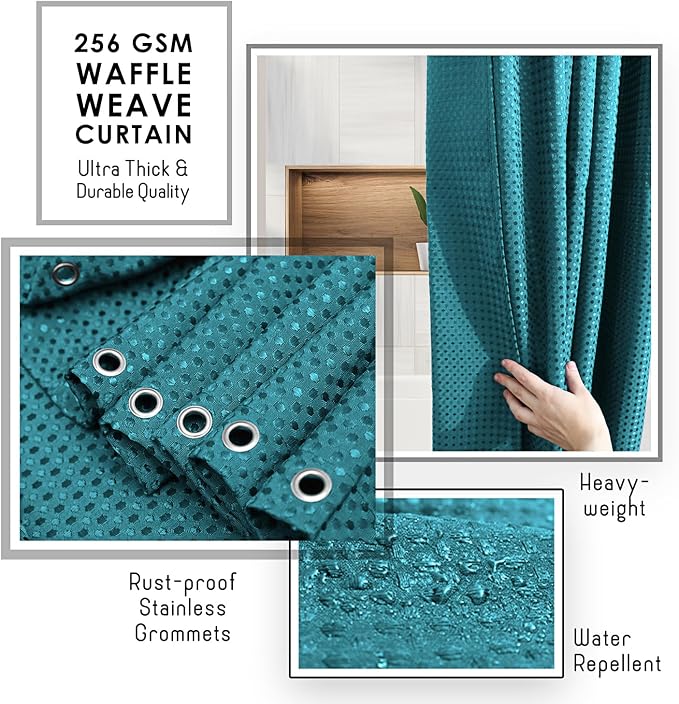 Clara Clark Teal Shower Curtain - Hotel Quality Waffle Fabric Bath Curtain 72x72, Heavy Duty Waterproof Shower Curtains for Bathroom