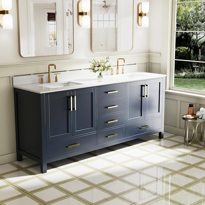 80-Inch Bathroom Vanity with Sink, 4 Soft-Close Doors and 6 Soft-Close Drawers, Bathroom Freestanding Vanity with Cultured Marble Countertop, Navy Blue Vanity W/Gold Handles