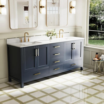 80-Inch Bathroom Vanity with Sink, 4 Soft-Close Doors and 6 Soft-Close Drawers, Bathroom Freestanding Vanity with Cultured Marble Countertop, Navy Blue Vanity W/Gold Handles
