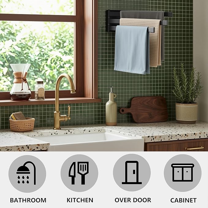 Swing Towel Holder Rack Matte Black | Wall Mounted Towel Bar, Swivel with 3-Arm for Bathroom Kitchen Storage