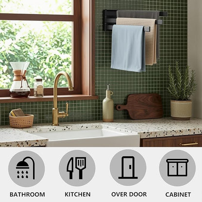 Swing Towel Holder Rack Matte Black | Wall Mounted Towel Bar, Swivel with 3-Arm for Bathroom Kitchen Storage