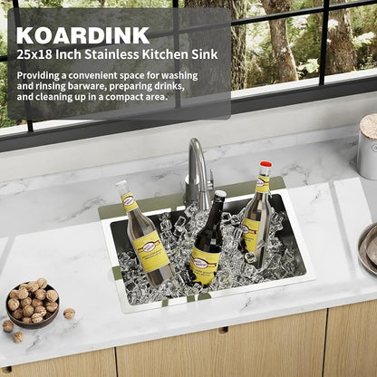 25x18 Inch Kitchen And Bar Sink - Stainless Steel Drop In Single Bowl Topmount Modern Kitchen And Bar Sink With Spoon Rest,Drain Strainer Set Compatibility With Various Kitchen&Bar Style