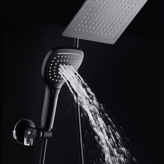 DreamSpa Ultra-Luxury 9-inch Square Rainfall & Handheld Shower Head Combo | Enjoy Extra-wide Flow Coverage and Convenient Push-button Hand Shower Mode Control. Premium Stainless Steel Hose / Black