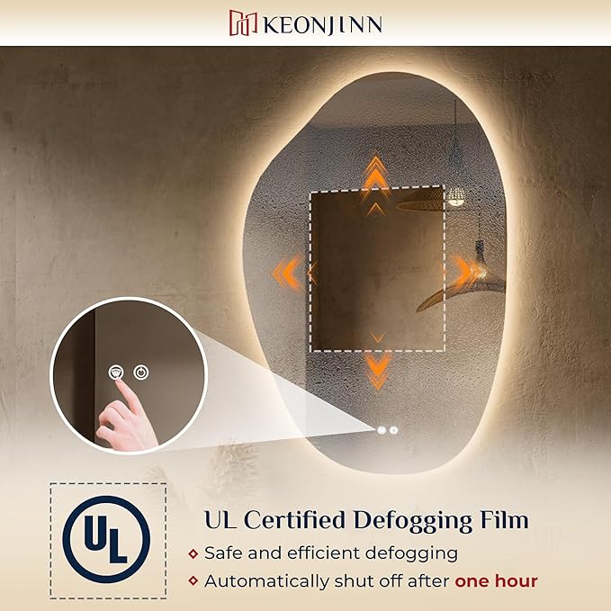 Keonjinn Irregular Backlit Mirror Bathroom, 24 x 36 in Asymmetrical LED Bathroom Mirror with Tempered Glass, UL-Listed LED Driver, Stepless Dimmable with 3 Colors, Defogging(Horizontal/Vertical)