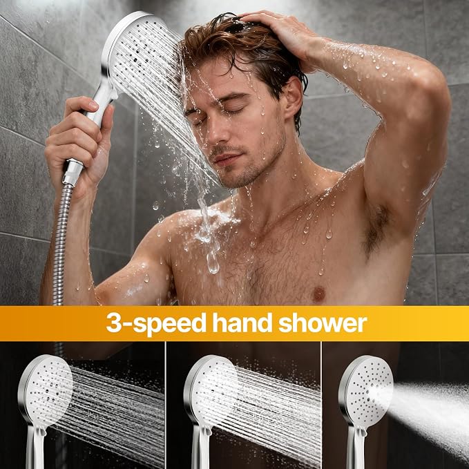 Shower Faucet Set 10IN Brass Rough-In Valve Body Trim Kit Rainfall Included Handle Accessories Complete 2 Functions with Rain Head and Handheld Bathroom Systems (10'', Brushed Nickel)