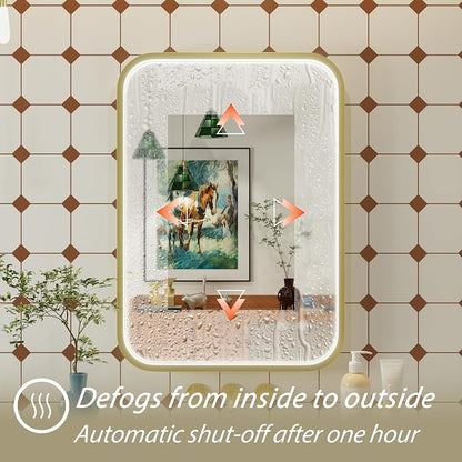 20x28 Inch Gold LED Bathroom Mirror with Lights,3000K/4500K/6000K | Stepless Dimmable, Memory Funtion,Anti-Fog, Aluminum Frame Wall Mount Lighted Bathroom Vanity Mirror, ETL Listed, Waterproof